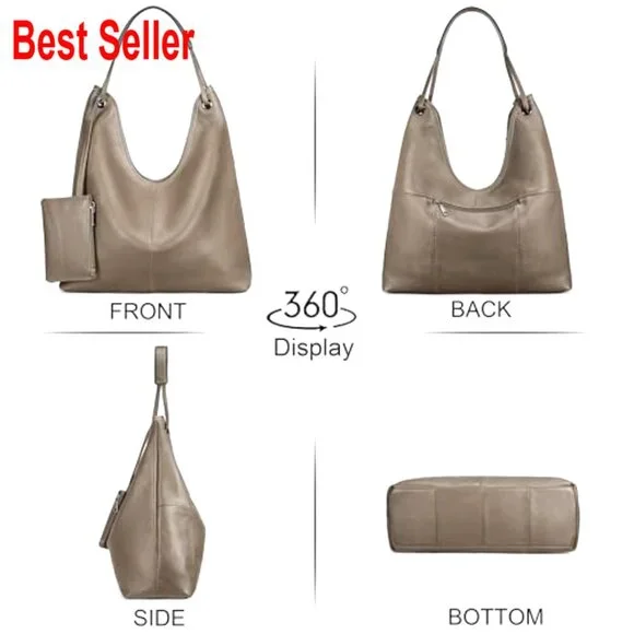 Genuine Cowhide Leather Hobo Handbag with Coin Pouch